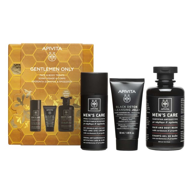 Apivita Promo Gentlemen Only Κρέμα Προσώπου & Ματιών Κατα Των Ρυτίδων + Mini Μαύρο Gel Καθαρισμού Για Πρόσωπο-Μάτια + Δώρο Σαμπουάν – Αφρόλουτρο Με Κάρδαμο & Πρόπολη