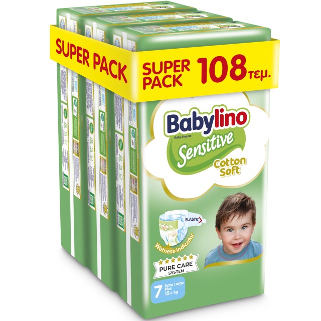 Babylino Super Pack Sensitive Cotton Soft No.7 (15+kg) Βρεφικές Πάνες, 108τμχ