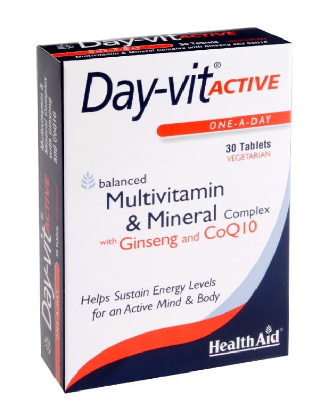 Health Aid Day-Vit Active Co-Q-10 & Ginseng Συμπλήρωμα Διατροφής με Βιταμίνες, Μέταλλα, Q10 & Panax Ginseng για Ενέργεια & Τόνωση, 30 Ταμπλέτες
