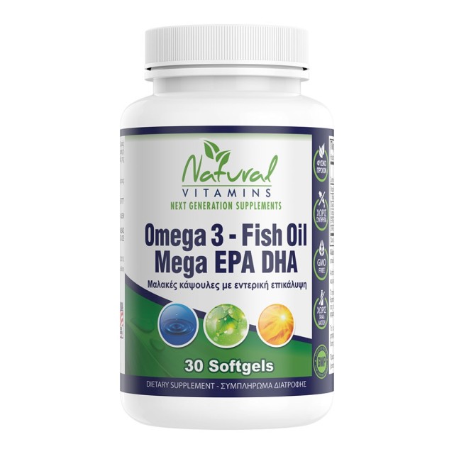 Natural Vitamins Omega 3 Fish Oil Mega EPA/DHA Συμπλήρωμα Διατροφής με Ω-3 Λιπαρά Οξέα, 30softgels