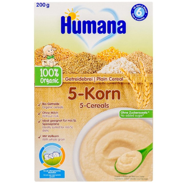 Humana Βιολογική Κρέμα με 5 Δημητριακά Χωρίς Γάλα 6m+, 200gr