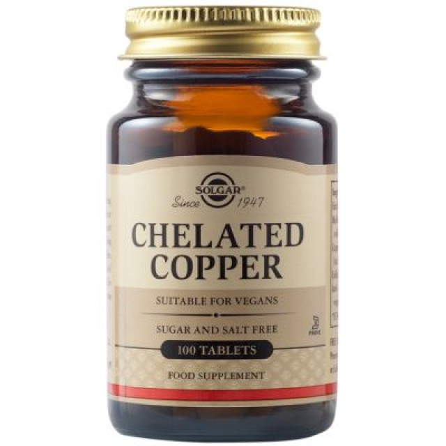 Solgar Chelated Copper Συμπλήρωμα Διατροφής Χαλκού, 100 Ταμπλέτες