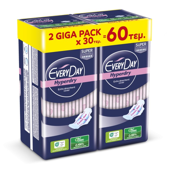 Every Day Hyperdry Super Ultra Plus Giga Pack Μεγάλου Μήκους Λεπτές Σερβιέτες Με Φτερά Προστασίας & Βαμβάκι, 60 Τεμάχια (2x30)