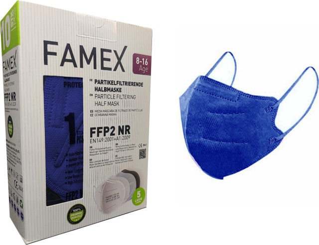 Famex Μάσκα Προστασίας FFP2 Particle Filtering Half NR για Παιδιά 8-16 Ετών σε Μπλε χρώμα, 10 Τεμάχια