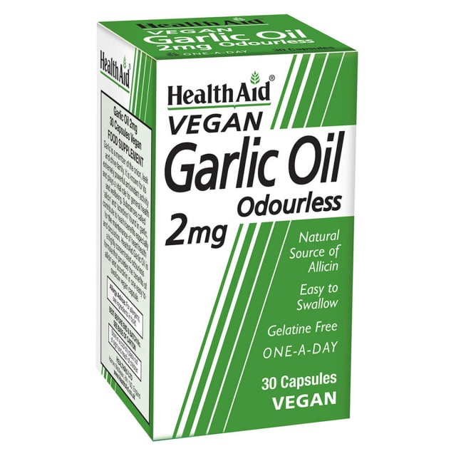 Health Aid Garlic Oil 2mg Odourless Vegetarian Συμπλήρωμα Διατροφής με Έλαιο Σκόρδου για Ρύθμιση Πίεσης & Χοληστερόλης, 30 Φυτικές Άοσμες Κάψουλες