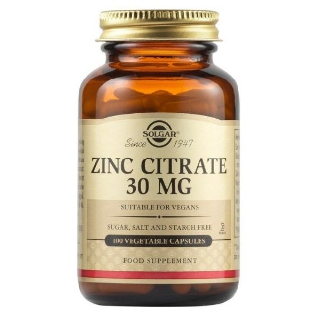 Solgar Zinc Citrate 30mg Συμπλήρωμα Διατροφής Με Ψευδάργυρο, 100 Κάψουλες