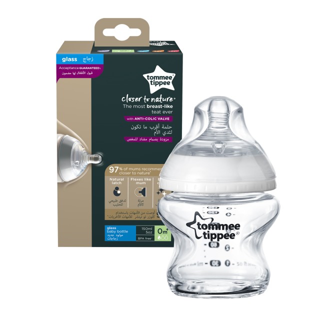 Tommee Tippee Closer To Nature Glass Γυάλινο Μπιμπερό Μικρής Ροής 0m+, 150ml