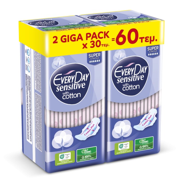 Every Day Sensitive With Cotton Super Ultra Plus Giga Pack Μεγάλου Μήκους Σερβιέτες Με Φτερά Προστασίας & Βαμβάκι, 60 Τεμάχια (2x30)