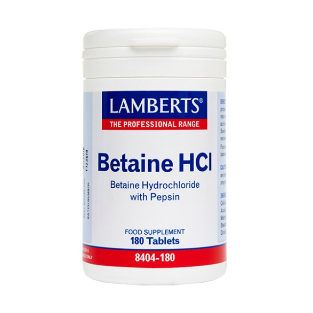 Lamberts Betaine HCI 324mg-Pepsin 5mg Συμπλήρωμα Πέψης, 180 Ταμπλέτες