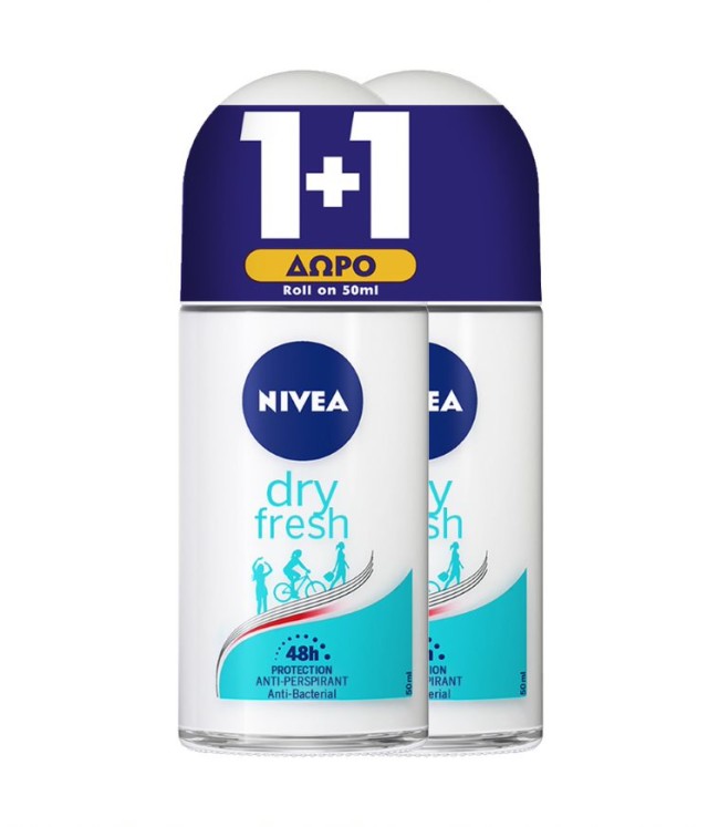 Nivea Dry Fresh Deodorant Anti Persipirant Γυναικείο Αποσμητικό Roll-οn 48ωρης Προστασίας 1+1 ΔΩΡΟ, 2x50ml