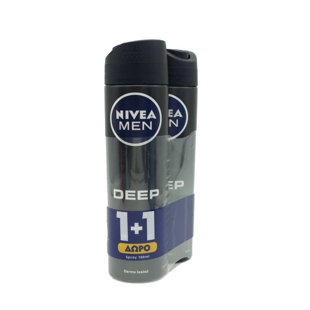 Nivea Men PROMO Deep Deodorant Anti Perspirant Ανδρικό Αποσμητικό Spray 48ωρης Προστασίας, 2x150ml 1+1 ΔΩΡΟ