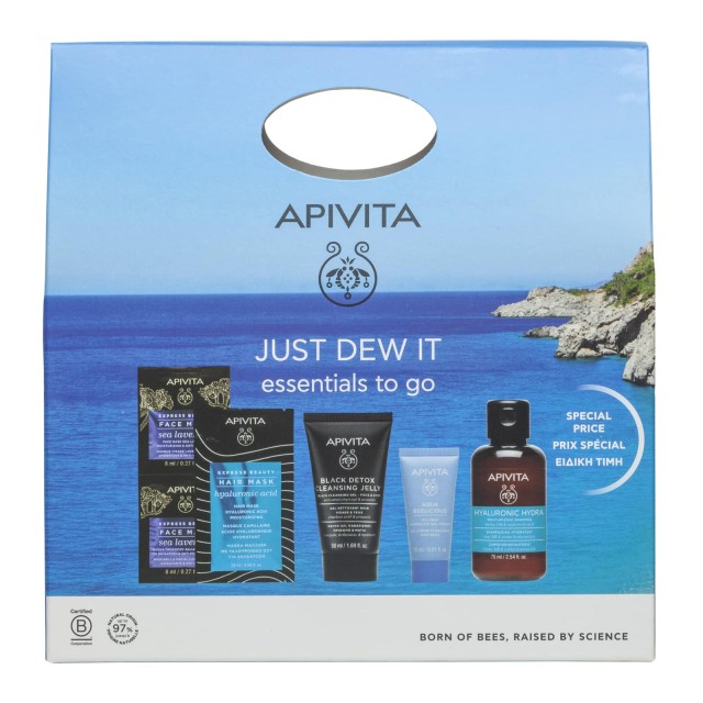 Apivita Set Just Dew it Essentials to go Aqua Belicious Oil Aqua Beelicious Κρέμα-Gel για Ενυδάτωση και Φρεσκάδα Ελαφριάς Υφής + Mini Μαύρο Gel Καθαρισμού για Πρόσωπο και Μάτια + Express Beauty Μάσκα Προσώπου Θαλάσσια Λεβάντα + Mini Σαμπουάν Ενυδάτωσης +