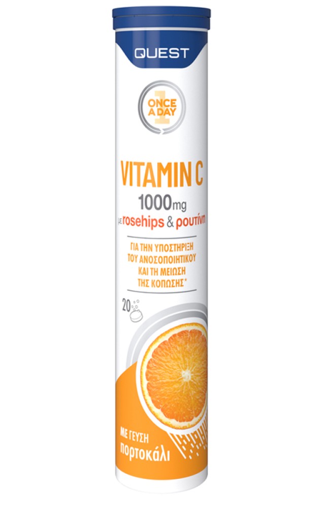 Quest Vitamin C 1000mg Συμπλήρωμα Διατροφής με Βιταμίνη C, Ρουτίνη & Rose hip για την Καλή Λειτουργία του Ανοσοποιητικού Συστήματος, 20 Αναβράζοντα Δισκία