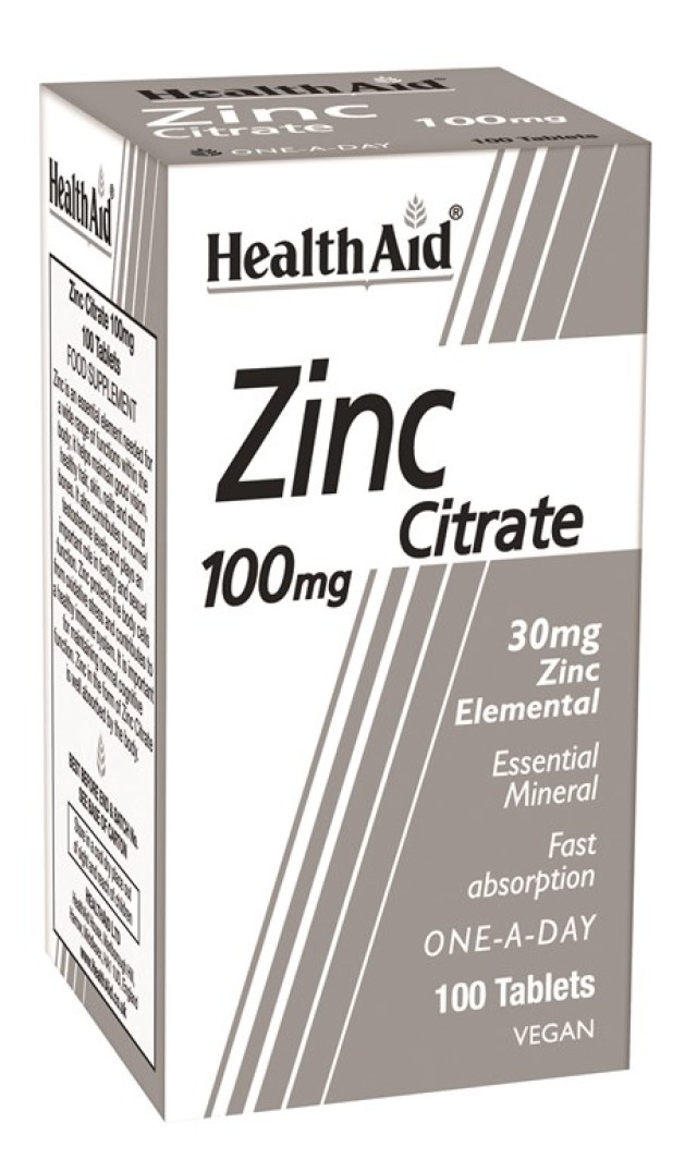 Health Aid Zinc Citrate 100mg Συμπλήρωμα Διατροφής Κιτρικού Ψευδάργυρου Για Ανοσοποιητικό και Δέρμα, 100 Ταμπλέτες