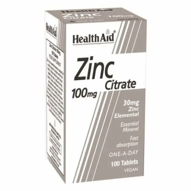 Health Aid Zinc Citrate 100mg Συμπλήρωμα Διατροφής Με Κιτρικό Ψευδάργυρο, 100tabs