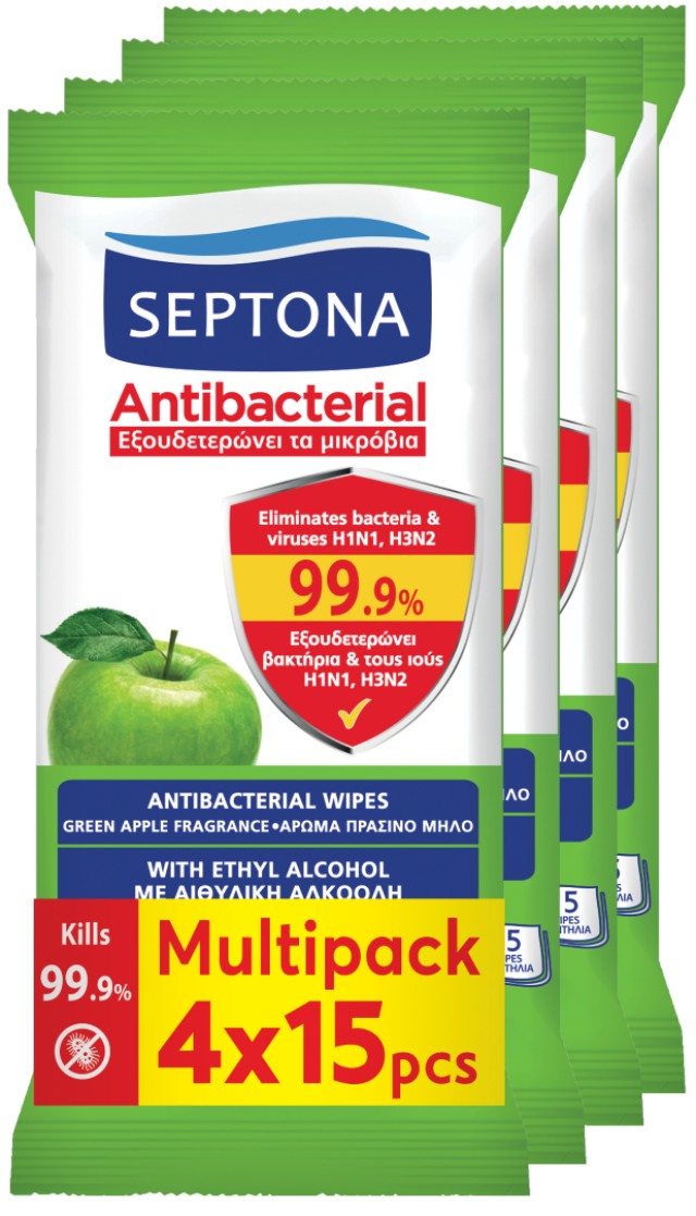 Septona Promo Antibacterial Hand Wipes Aντιβακτηριακά Mαντηλάκια Xεριών Πράσινο Μήλο, 4x15