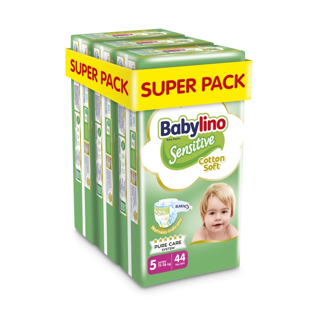 Babylino Sensitive Cotton Soft Bρεφική Πάνα No5 11-16 Kg SUPER PACK 132 τμχ (3X44)