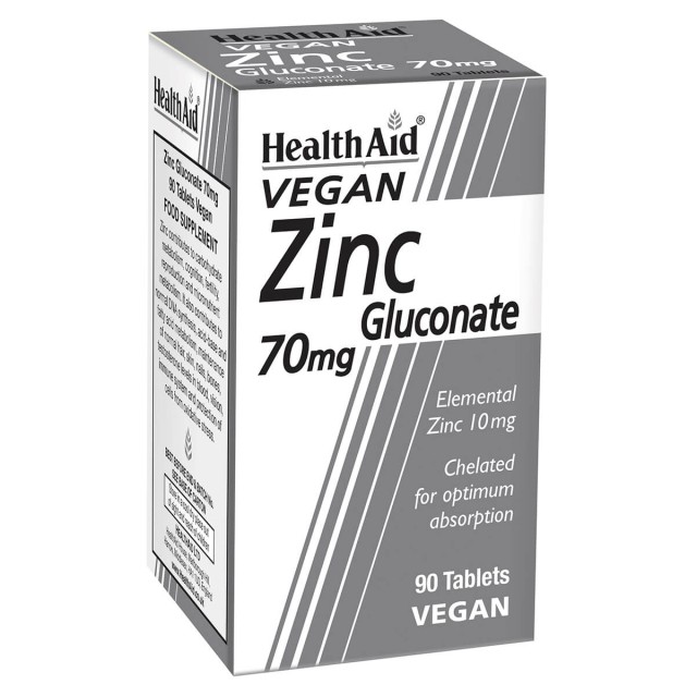 Health Aid Zinc Gluconate 70mg Συμπλήρωμα Διατροφής με Γλυκονικό Ψευδάργυρο  για Ανοσοποιητικό, Δέρμα & Αναπαραγωγικό, 90 Ταμπλέτες