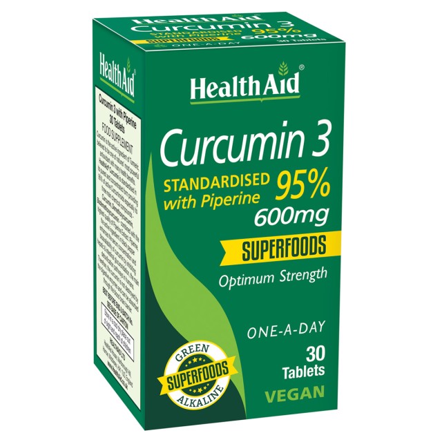 Health Aid Curcumin 3 with Piperine 600mg Συμπλήρωμα Διατροφής με Κουρκουμίνη & Πιπερίνη με Ισχυρή Αντιοξειδωτική Δράση, 30 Ταμπλέτες