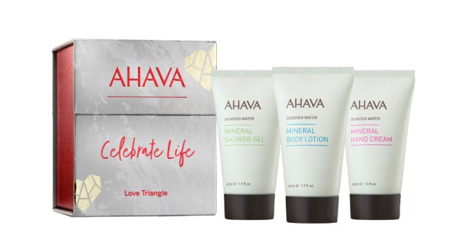 Ahava Promo Celebrate Life Love Triangle Hand Cream 40ml & Body Lotion 40ml & shower Gel 40ml