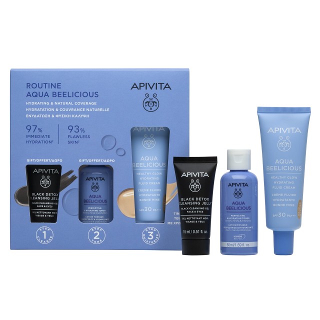 Apivita Promo Αqua Beelicious Ενυδάτωση & Φυσική Κάλυψη με Αqua Beelicious Ενυδατική Κρέμα με Χρώμα Ελαφριάς Υφής SPF 30 + Αqua Beelicious Ενυδατικό Τόνερ 50ml + Black Dettox Gel Καθαρισμού 15ml