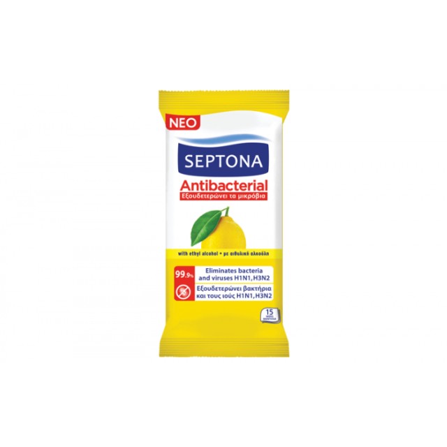 Septona Αντιβακτηριακά Μαντηλάκια Καθαρισμού Χεριών με Άρωμα Λεμόνι 15 Τεμάχια