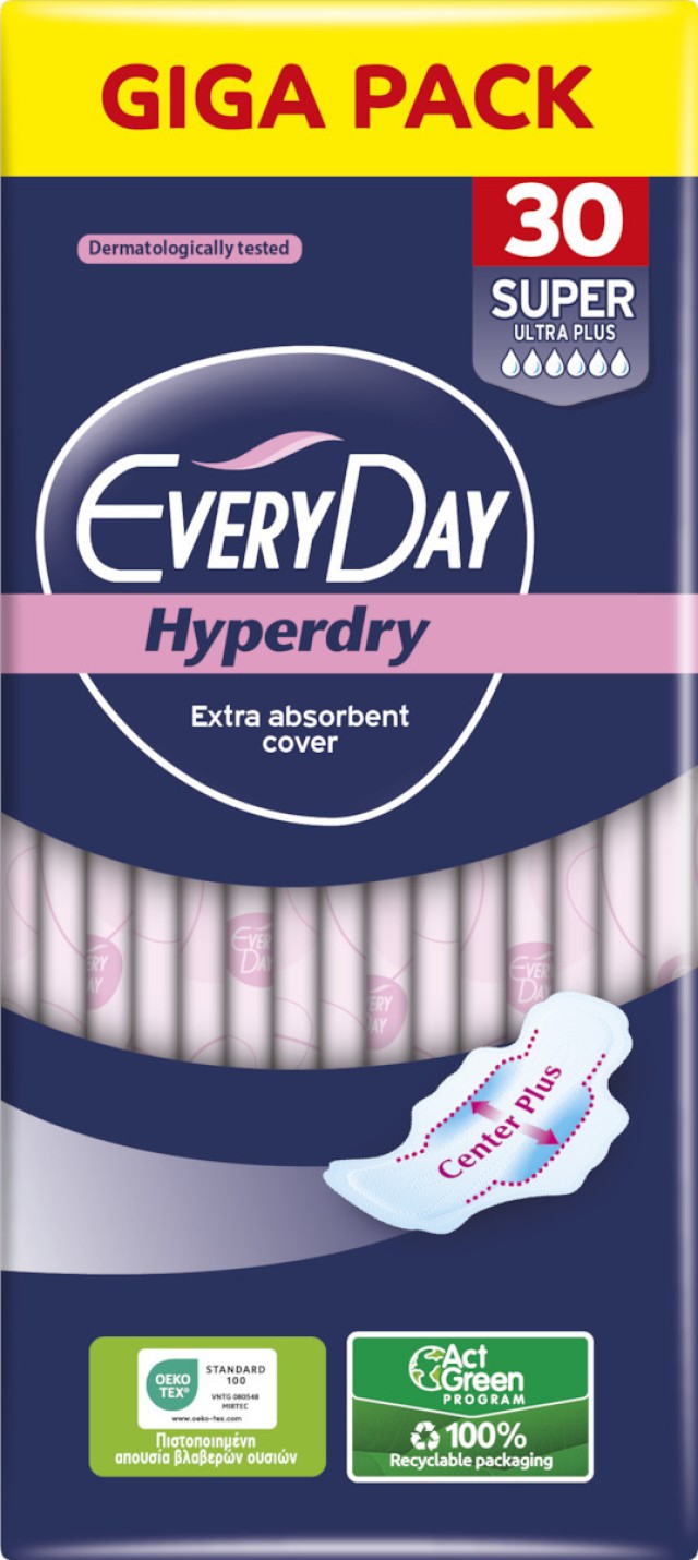 Every Day Hyperdry Super Ultra Plus Giga Pack Μεγάλου Μήκους Λεπτές Σερβιέτες Με Φτερά Προστασίας & Βαμβάκι, 30 Τεμάχια