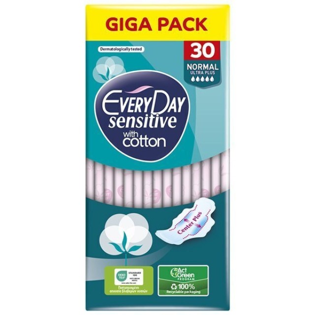 Everyday Σερβιέτες Sensitive Cotton Normal Ultra Plus Giga Pack Σερβιέτες Κανονικού Μήκους Με Φτερά Και Βαμβάκι, 30 Τεμάχια