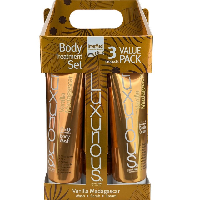 Intermed Luxurious Vanilla Madagascar Promo 2&1 Moisturizing Body Wash Κρεμώδες Αφρόλουτρο 280ml + Natural Exfoliating Body Scrub Σώματος 280ml + Rich Moisturizing Cream Ενυδατική Κρέμα Σώματος, 280ml