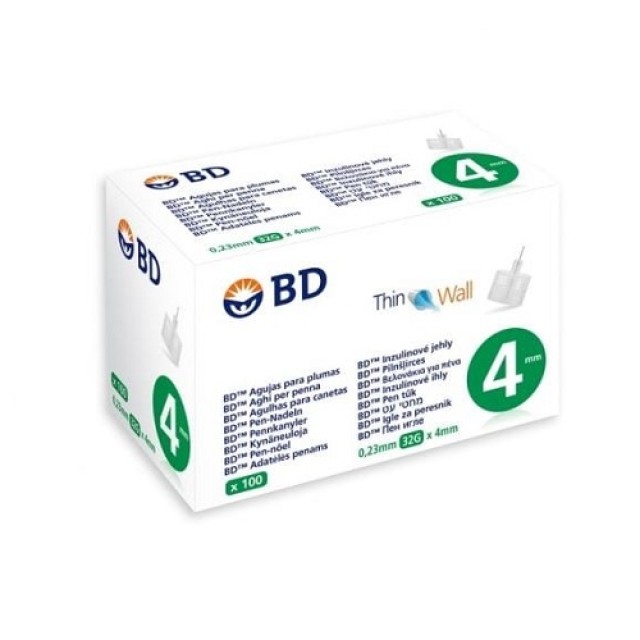 BD Thin Wall Αποστειρωμένες Βελόνες για Πένες Ινσουλίνης 4mm x 0.23mm, 100τμχ
