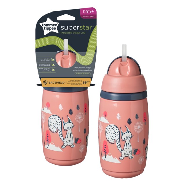 Tommee Tippee Παιδικό Ισοθερμικό Ποτηράκι Με Καλαμάκι Superstar Πλαστικό Ροζ 12m+, 266ml