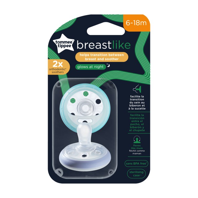Tommee Tippee Breast Like Night Soother Πιπίλα Σιλικόνης Φωσφοριζέ 6-18m+, 2 Τεμάχια