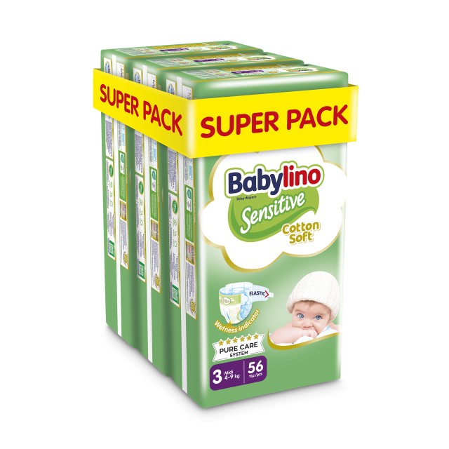 Babylino Sensitive Cotton Soft Bρεφική Πάνα No3 4-9 Kg SUPER PACK 168 τμχ (3X56)