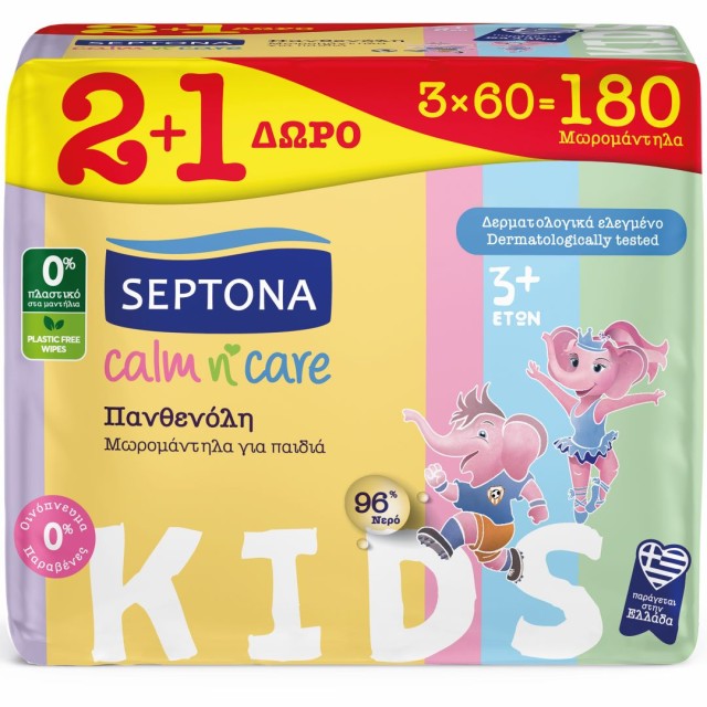 Septona Promo (2+1 Δώρο) Calm n Care Kids Panthenol Μωρομάντηλα Mε Πανθενόλη Για Παιδιά, 3x60 Τεμάχια