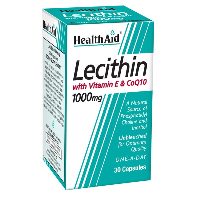 Health Aid Lecithin 1000mg + Natural Vitamin E 45iu + CoQ 10 Συμπλήρωμα Διατροφής με Λεκιθίνη για Λιπόλυση & Αύξηση Ενέργειας, 30 Κάψουλες
