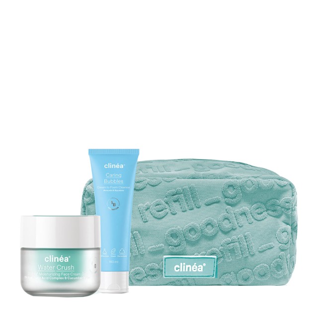 Clinea Promo Water Crush Moisturizing Face Cream Gel Κρέμα Ενυδάτωσης 50ml + Caring Bubbles Cream to Foam Cleanser Αφρώδες Καθαριστικό 150ml + Νεσεσέρ