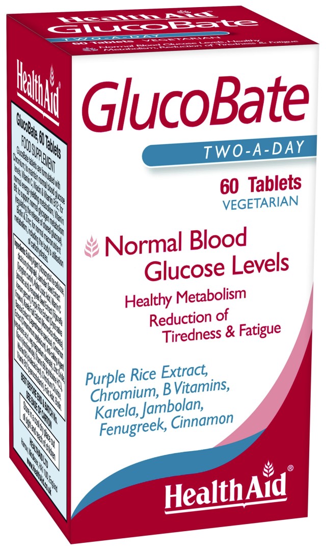 Health Aid GlucoBate Συμπλήρωμα Διατροφής με Βιταμίνες, Μέταλλα, Κανέλα & Φυτικά Εκχυλίσματα για Εξισορρόπηση Γλυκόζης & Αύξηση Ενέργειας, 60 Φυτικές Ταμπλέτες
