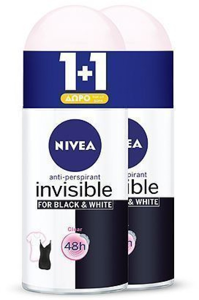 Nivea Black & White Invisible Clear Γυναικείο Αποσμητικό Roll-on 48ωρης Προστασίας 1+1 ΔΩΡΟ, 2x50ml