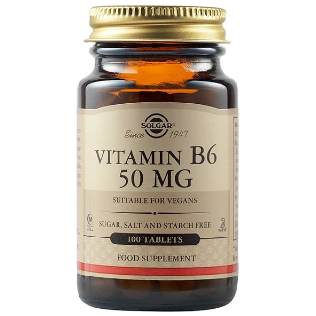 Solgar Vitamin B6 50mg Pyridoxine Supplement, 100 Vegetable Capsules