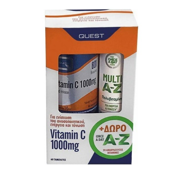 Quest Vitamin C 1000mg Timed Release Συμπλήρωμα Διατροφής με Βιταμίνη C 60 ταμπλέτες & Δώρο Once A Day Multi A-Z Πολυβιταμίνη για Ενέργεια & Τόνωση του Οργανισμού 20 Αναβραζοντα δισκία