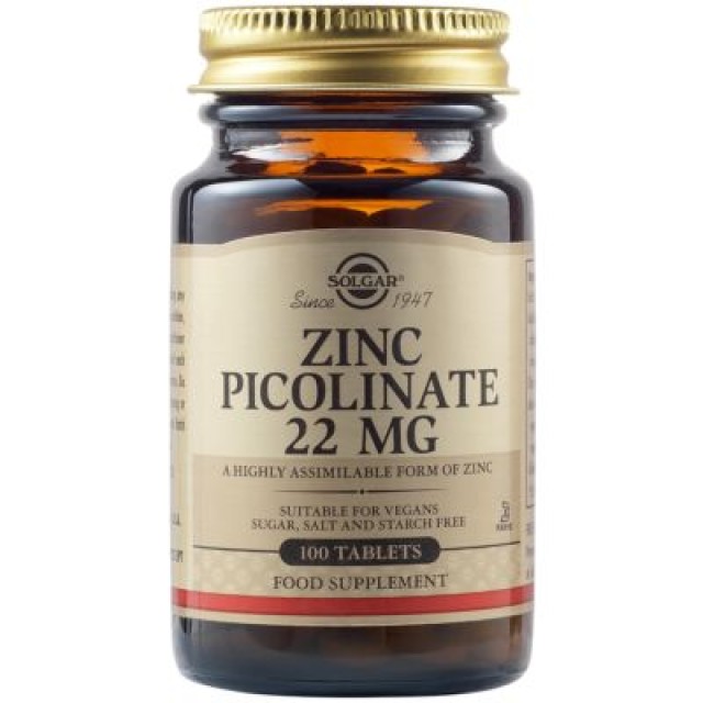 Solgar Zinc Picolinate 22mg Συμπλήρωμα Διατροφής Με Ψευδάργυρο, 100 Ταμπλέτες