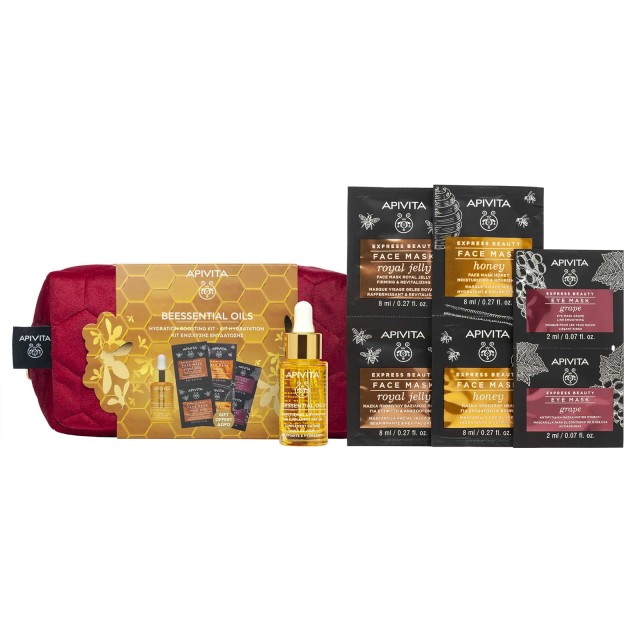 Apivita Promo Kit Ενίσχυσης Ενυδάτωσης Beessential Έλαιο Προσώπου Ημέρας + ΔΩΡΟ Express Beauty Μάσκες με Βασιλικό Πολτό και Μέλι + Μάσκα Ματιών με Σταφύλι