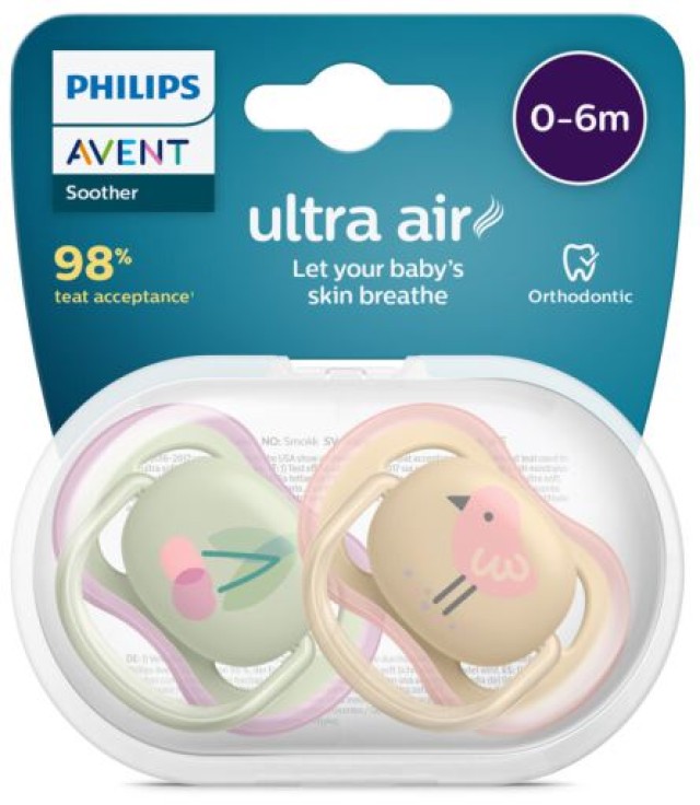 Philips Avent Ultra Air Animals Ορθοδοντική Πιπίλα Σιλικόνης για Μωρά 0-6 μηνών, 2 τεμάχια