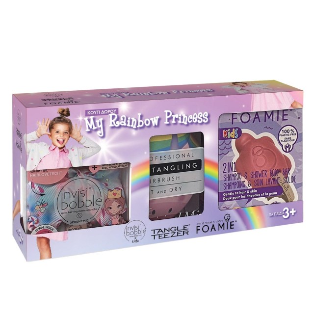 My Rainbow Princess Gift Set Κουτί Δώρου Foamie Kids 2in1 Bar Τurtally Cool Mπάρα Kαθαρισμού & Περιποίησης για Παιδιά 3+ & Invisibobble Kids Παιδικό Aξεσουάρ Mαλλιών & Tangle Teezer Small Original Children Pink Unicorn Παιδική Βούρτσα Μαλλιών