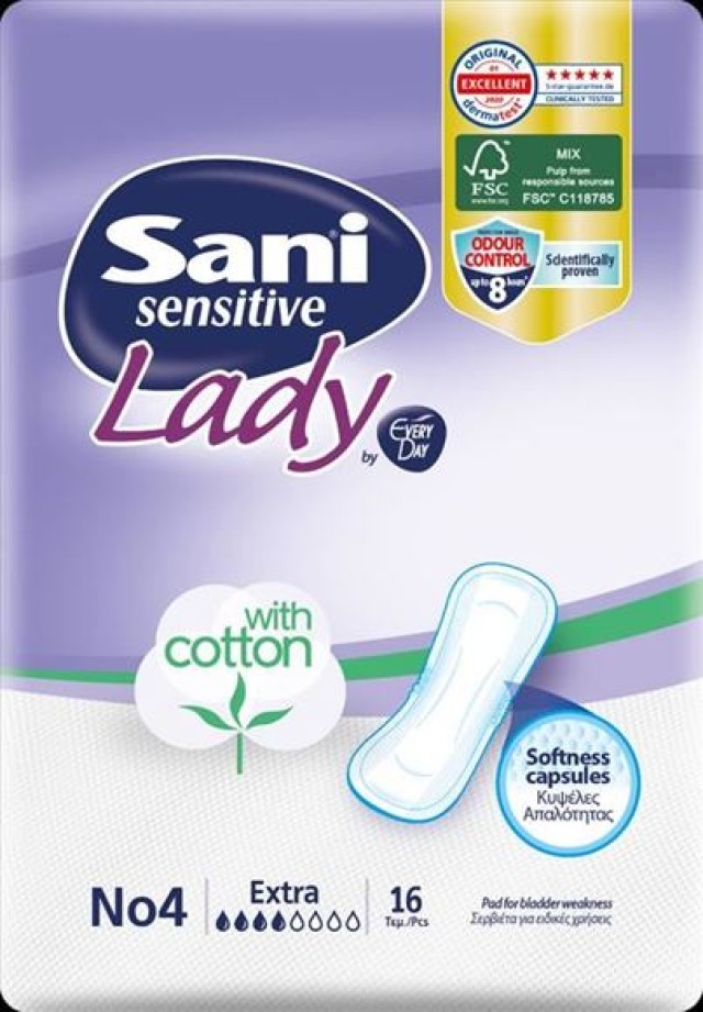 Sani Sensitive Lady With Cotton No4 Extra Σερβιέτες Ακράτειας με Βαμβάκι, 16 Τεμάχια