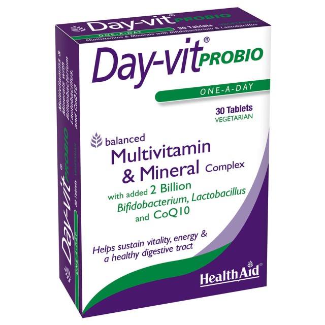 Health Aid Day-Vit Probio 2 Billion Probiotic & CoQ10 Συνδυασμός 37 Βιταμινών, Μετάλλων, Αμινοξέων & Προβιοτικών, 30 Ταμπλέτες