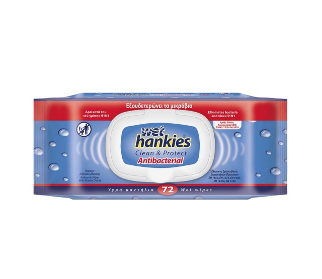 Wet Hankies Clean & Protect Antibacterial Υγρά Αντιβακτηριδιακά Μαντηλάκια, 72τμχ