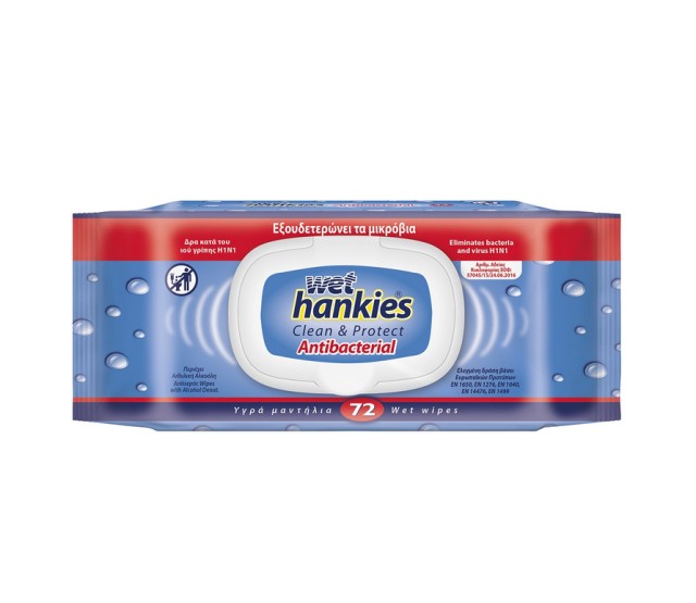 Wet Hankies Clean & Protect Antibacterial Υγρά Αντιβακτηριδιακά Μαντηλάκια, 72τμχ