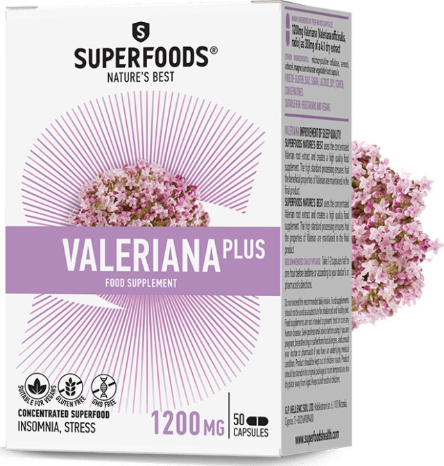 Superfoods Valeriana Plus Συμπλήρωμα Διατροφής κατά του Άγχους, της Υπερέντασης & της Αυπνίας, 50 caps