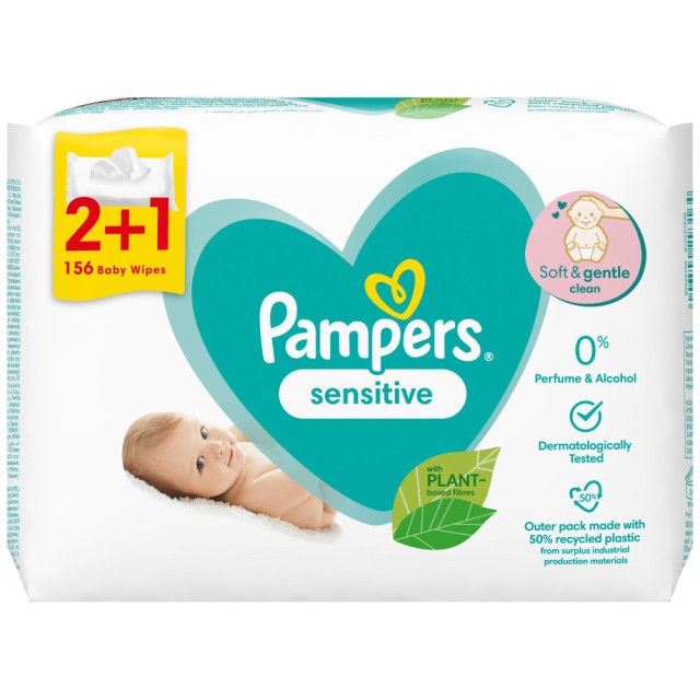 Pampers Sensitive Baby Wipes Μωρομάντηλα Χωρίς Parabens, 156 Τεμάχια (3x52)